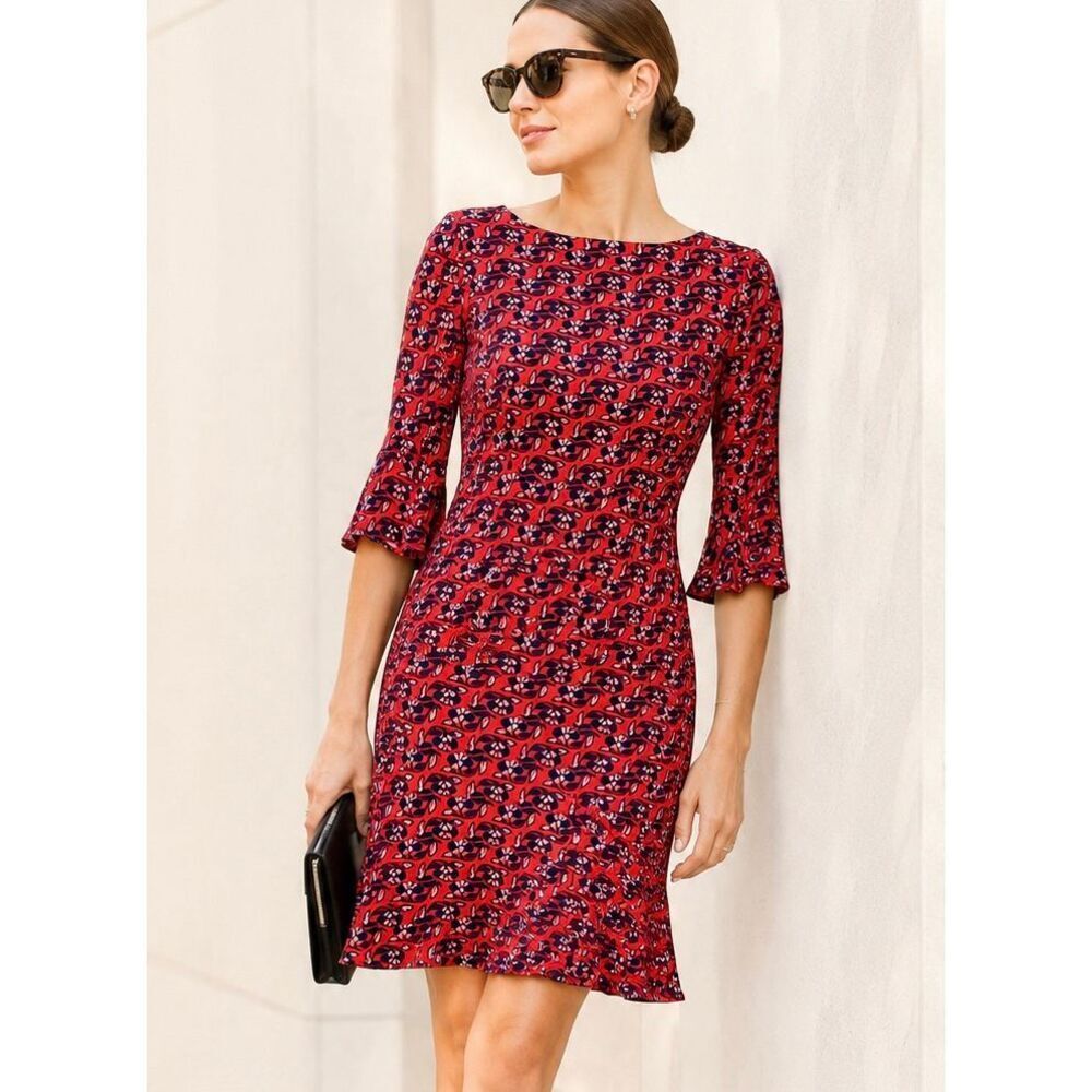 Boden Red & Navy Floral Bell Sleeve Fit & Flare Dress Size US 6R UK 10R